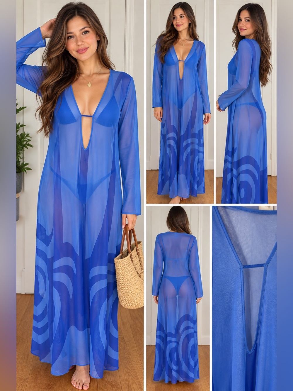 Caroline Constas Sheer Blue Long Swim Coverup with Graphic Hem